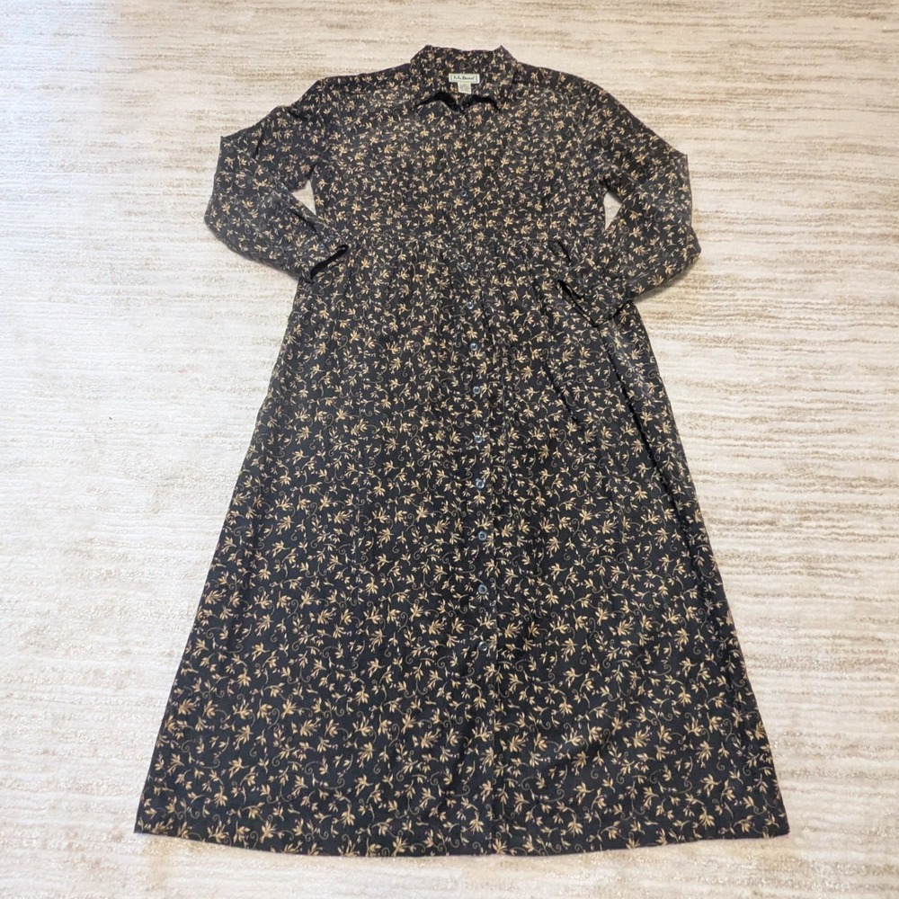 LL Bean Corduroy Maxi Dress Sz 12 Petite Deep Green Floral Button Front Vintage